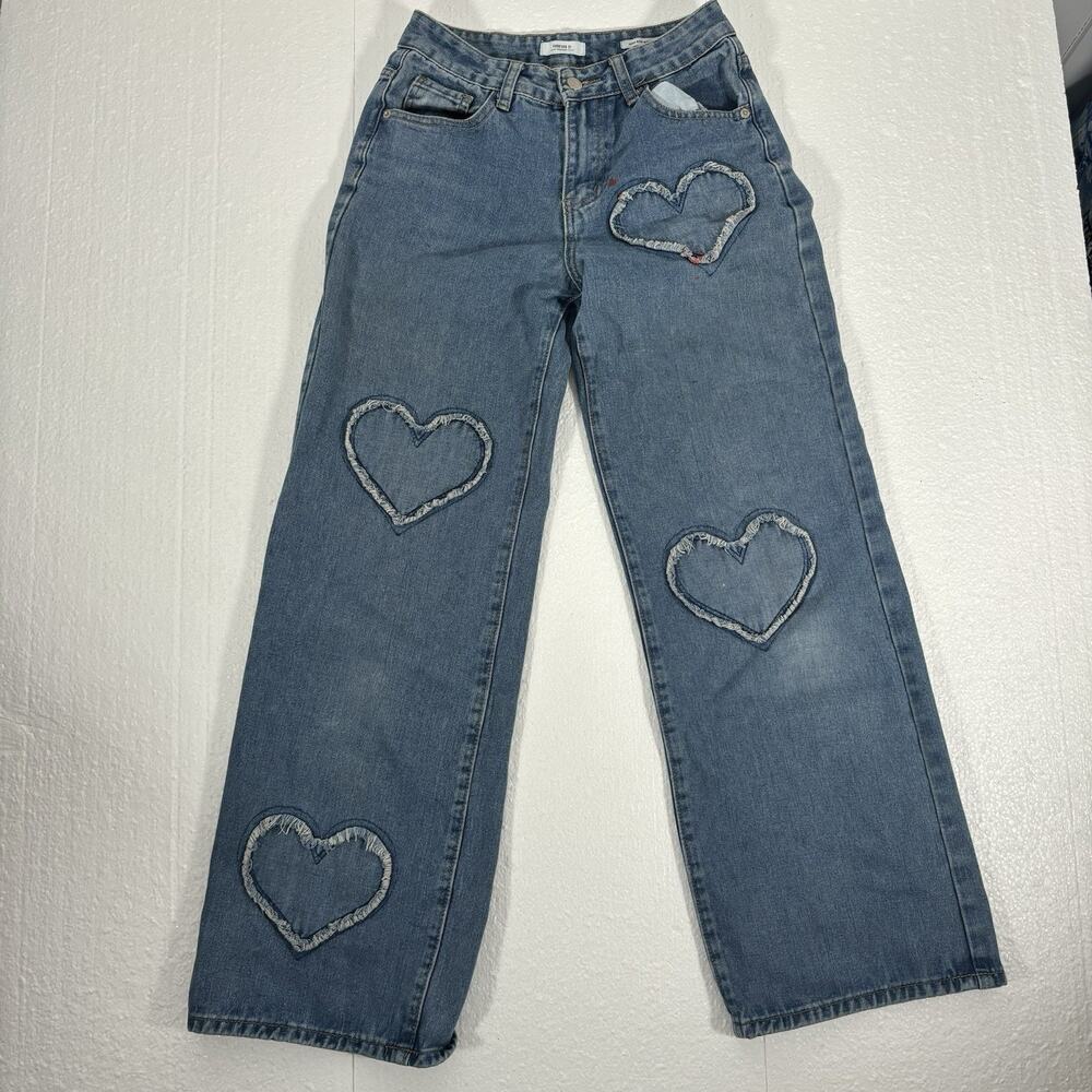 Forever 21 Premium High Rise Wide Leg Heart Patch Jeans Blue Denim Size 24
